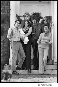 Simon family in doorway: (l.-r.) David Levine, Lucy Simon with infant, Joanna Simon, Peter Simon, Carly Simon, Andrea Simon, and dalmatian