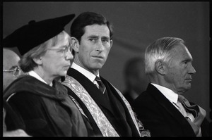 Emily D. T. Vermeule (Harvard faculty), Prince Charles, and Francis H. Burr (Chief Marshall and member of the Class of 1936) at the 350th anniversary celebration of Harvard University