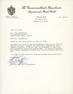 Letter from Edward A. Sahatjian to Judi Chamberlin