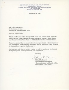 Letter from Mildred Lehman to Judi Chamberlin