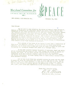 Circular letter from Maryland Committee for Peace to W. E. B. Du Bois