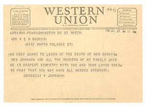 Telegram from Mordecai W. Johnson to W. E. B. Du Bois