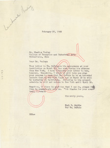 Letter from Hugh H. Smythe to Wilberforce College of Education and Industrial Arts