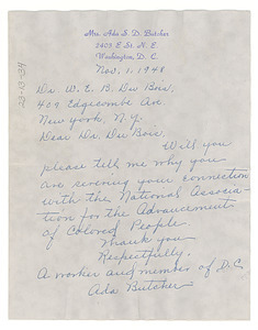 Letter from Ada S. D. Butcher to W. E. B. Du Bois