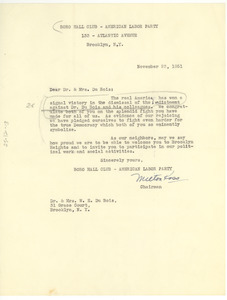 Letter from American Labor Party Boro Hall Club to Dr. & Mrs. Du Bois