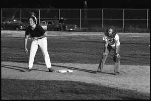 Boston Phoenix vs. WBCN staff softball game: Phoenix staff member on second base