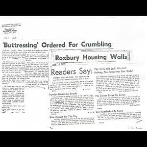 Photocopy of Boston Traveler article, 'Buttressing' ordered for crumbling Roxbury housing walls, and letters from readers to the Boston Traveler