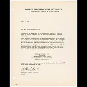 Letter from Walter L. Smart to all potential home buyers about meeting on April 14, 1964 to discuss services and programs available during relocation