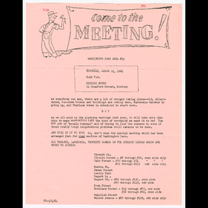 Flier for Washington Park Area meeting to be held March 12, 1964 at Freedom House