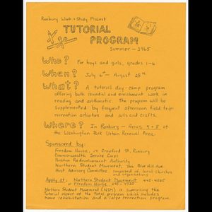 Flier for tutorial program of the 1965 Roxbury Work and Study Program