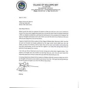 Letter from the Village of Williams Bay, Wisconsin to Mayor Menino