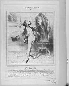 Le Narcisse. Le narcisse est une fleur qui empeste le musc, l’eau de Portugal, le patchouly, n’importe quelle odeur. Elle est du reste sans valeur aucune. Les femmes capricieuses se plaisent quelquefois à en orner leurs salons, mais sans les aimer, par simple coquetterie, et comme elles ont des tulipes, des perroquets, des chats, des chiens et de magots de la chine. On en rencontre beaucoup, sous le nom plus vulgaire de Dandys ou de fashionables, à Tortoni, au bois de boulogne, au balcon de l’opéra &a à qui il ne manque, pour appartenir tout à fait au règne végétal, que d’être plantés dans un pot de pomade et arrosés d’huile antique. (Dejus, Flore de Paris)