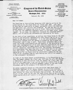 Letter to Colleagues from Paul Tsongas and Christopher Dodd regarding an authorization for the Peace Corps in fiscal year 1977