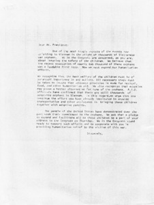 Letter to Mr. President regarding aid for the Vietnamese War orphans