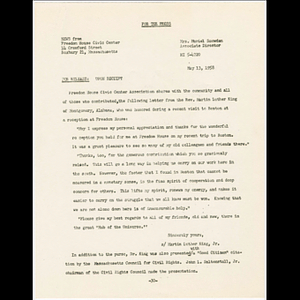 Press release containing thank you note from Martin Luther King, Jr. for reception at Freedom House