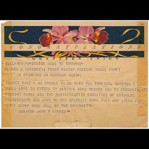 Telegram from Senator John F. Kennedy to Elwood S. McKenney of Freedom House