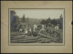Men and women at a logging camp, location unknown, undated