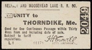 Ticket Belfast and Moosehead Lake Rail Road Company, Belfast, Maine, undated
