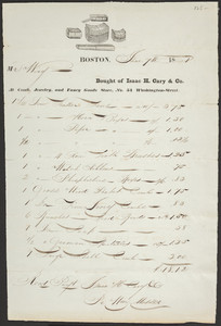 Billhead for Isaac H. Cary & Co., at comb, jewelry and fancy goods store, No. 54 Washington Street, Boston, Mass., dated June 7, 1821