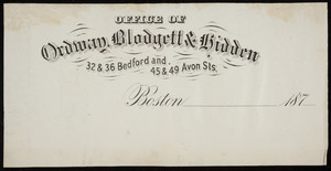Letterhead for Ordway, Blodgett & Hidden, dry goods, 32 & 36 Bedford and 45 & 49 Avon Streets, Boston, Mass., 1870s