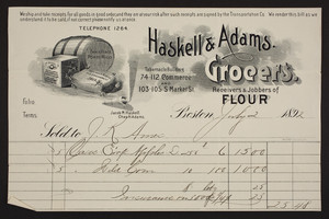 Billhead for Haskell & Adams, grocers, receivers & jobbers of flour, 74-112 Commerce and 103-105 South Market Street, Boston, Mass., dated July 2, 1892