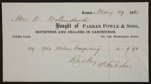 Billhead for Parker Fowle & Sons, importers and dealers in carpetings, No. 164 Washington Street, Boston, Mass., dated May 29, 1861