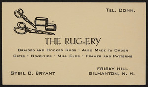 Trade card for The Rug-ery, braided and hooked rugs, Frisky Hill, Gilmanton, New Hampshire, undated