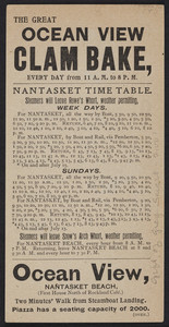 Trade card for The Great Ocean View Clam Bake, Nantasket Beach, Mass., undated