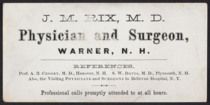 Trade card for J.M. Rix, M.D., physician and surgeon, Warner, New Hampshire, undated