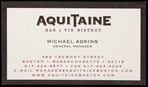 Business card for Aquitaine, bar & vin bistrot, 569 Tremont Street, Boston, Mass., undated