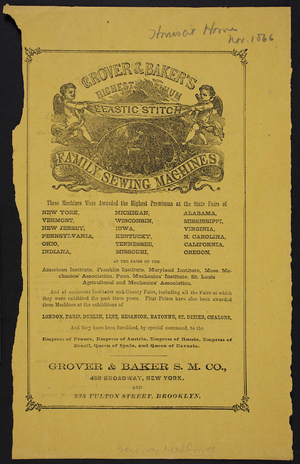 Advertisement for Grover & Baker's Highest Premium Elastic Stitch Family Sewing Machines, Grover & Baker S.M. Co., 495 Broadway, New York and 235 Fulton Street, Brooklyn, New York, November 1866
