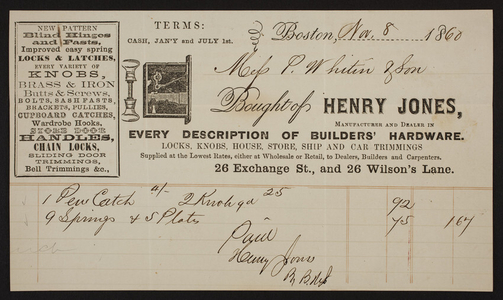 Billhead for Henry Jones, builders' hardware, 26 Exchange Street and 26 Wilson's Lane, Boston, Mass., dated November 8, 1860