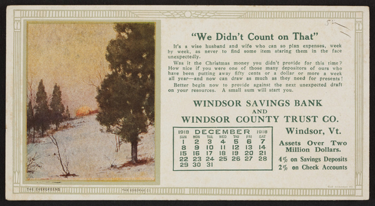 Trade card for Windsor Savings Bank and Windsor County Trust Co., Windsor, Vermont, December 1918