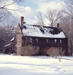 Exterior front facade in snow, Coffin House, Newbury, Mass.