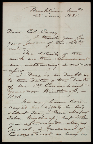 Robert Winthrop to Thomas Lincoln Casey, June 28, 1881