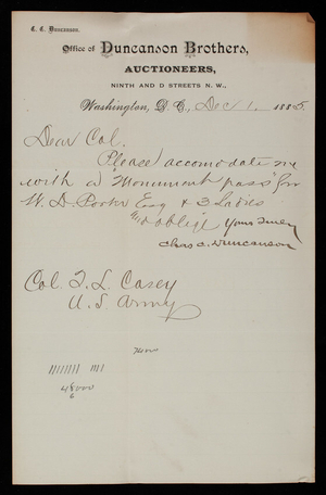 [Charles] C. Duncanson to Thomas Lincoln Casey, December 1, 1885