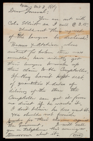 [Bernard R.] Green to Thomas Lincoln Casey, October 2, 1889
