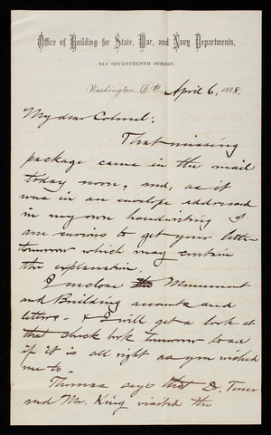 Bernard R. Green to Thomas Lincoln Casey, April 6, 1888