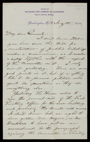 Bernard R. Green to Thomas Lincoln Casey, August 12, 1894