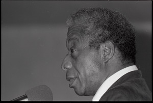 James Baldwin speaking at Mahar Auditorium, close-up