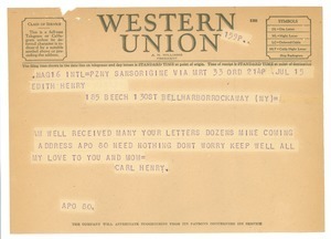 Telegram from Carl Henry to Edith Henry