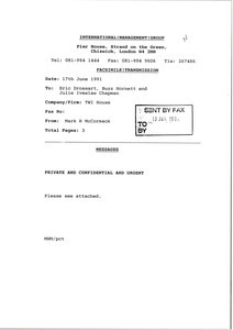 Fax from Mark H. McCormack to Eric Drossart, Buzz Hornett and Julie Ivelaw Chapman