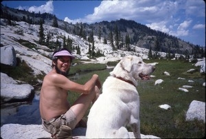 Mark and Maya the dog on a hike at Caribou Lakes in Trinity Alps Wilderness