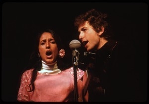 Bob Dylan and Joan Baez, performing on stage, Newport Folk Festival