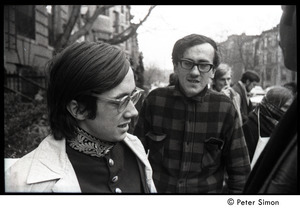 Raymond Mungo and unidentified protester at demonstration against on-campus recruitment by Dow Chemical Co., manufacturer of napalm