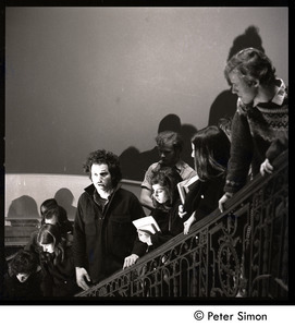 Antiwar protesters occupying University Hall, Harvard (?): student occupiers on a stairway