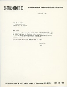 Letter from Peg McCusker to Judi Chamberlin