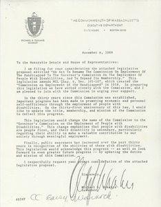 Letter from Governor Michael Dukakis to the United States Congress