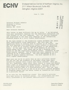 Letter from Sharon E. Mistler to Governor Michael Dukakis