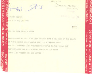 Telegram from German African Society to Shirley Graham Du Bois